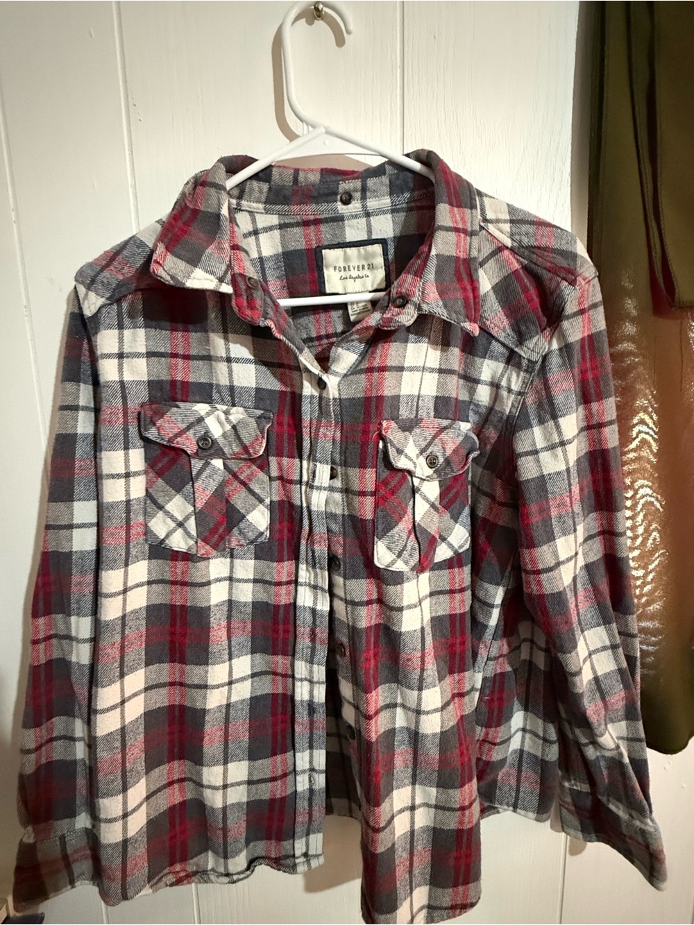 Forever 21 Women’s Red, Gray & White Plaid Long-Sleeve Button Shirt